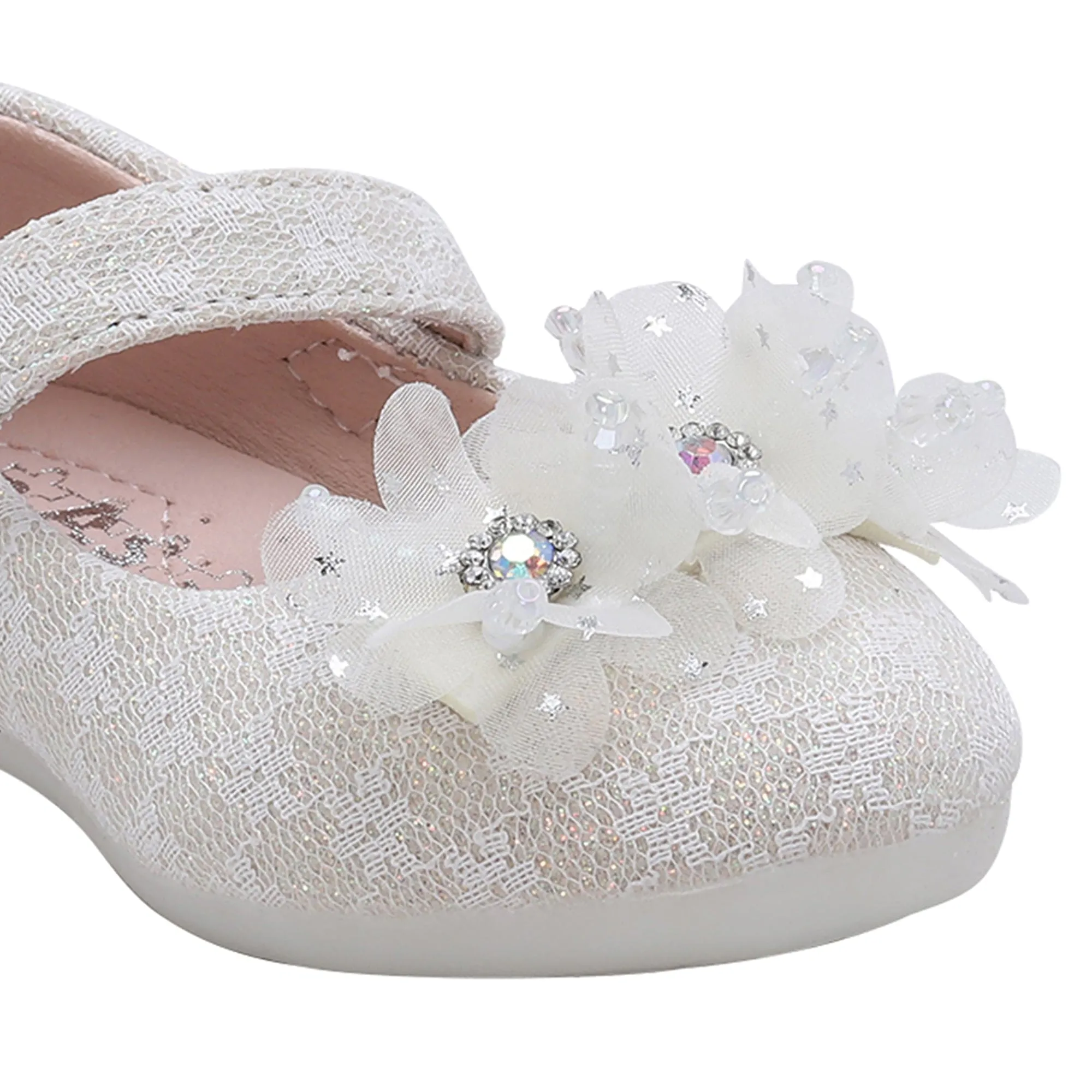Baby Moo Rhinestone Floral Applique Lace Mary Jane Velcro Strap Anti-Skid Ballerina Shoes - Cream