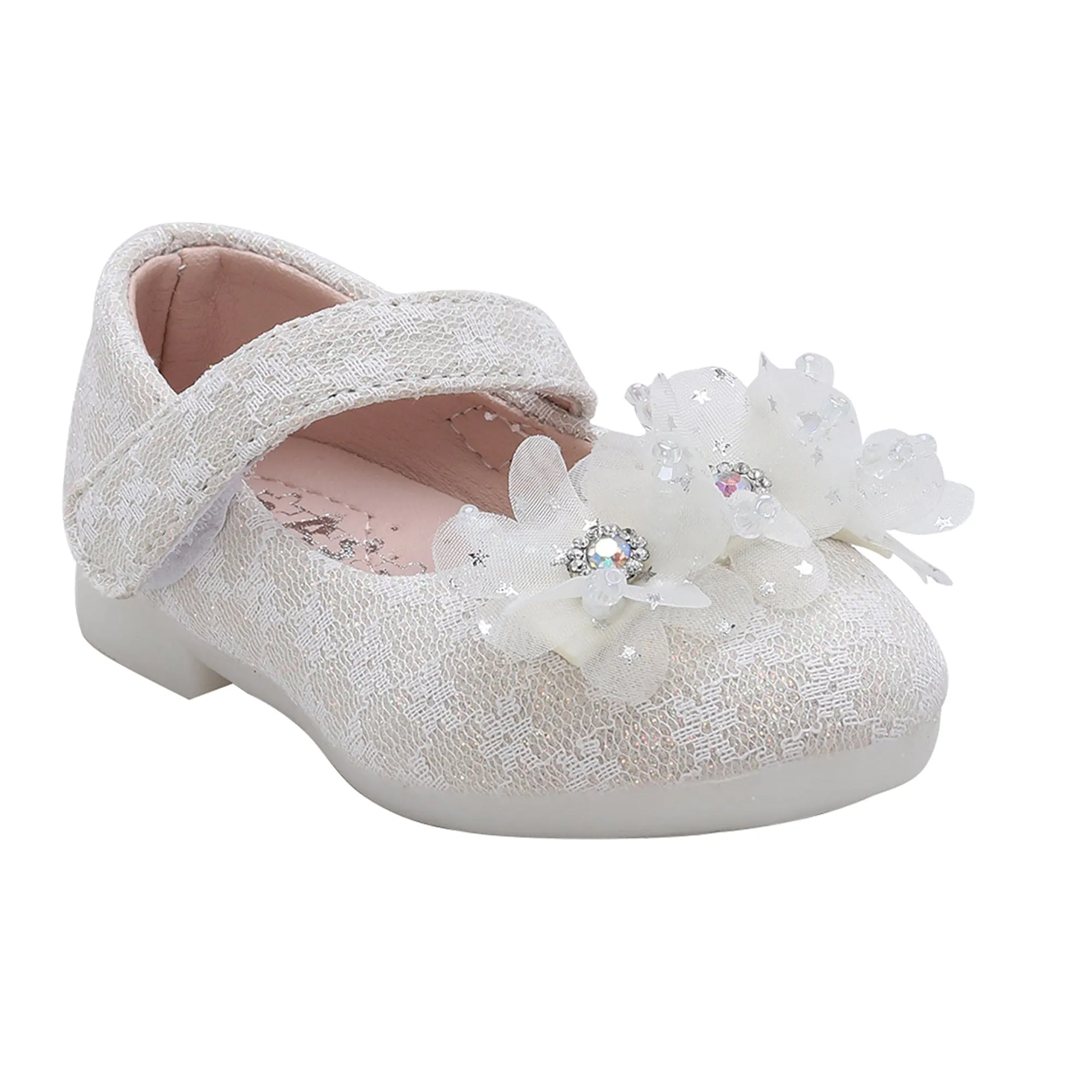 Baby Moo Rhinestone Floral Applique Lace Mary Jane Velcro Strap Anti-Skid Ballerina Shoes - Cream