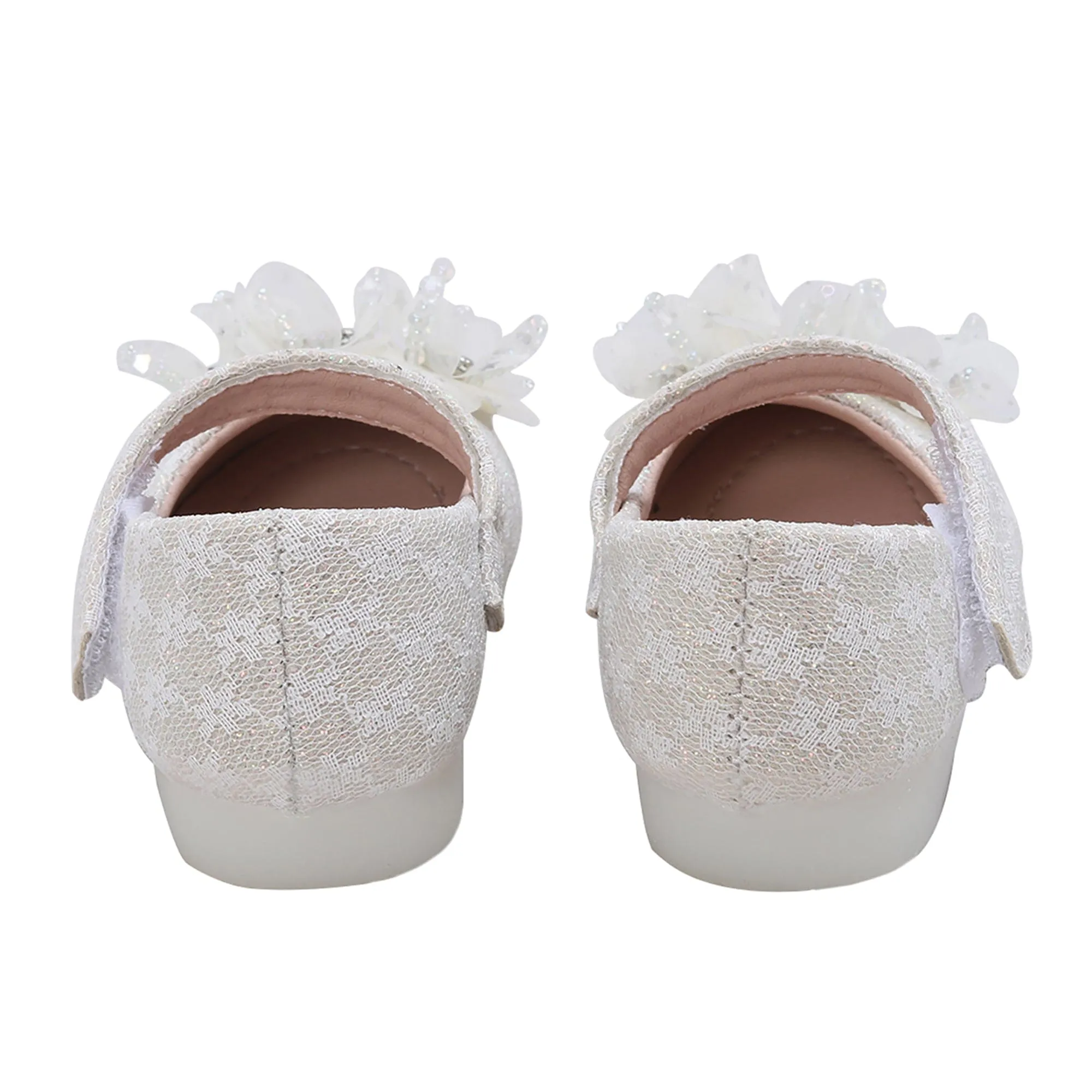 Baby Moo Rhinestone Floral Applique Lace Mary Jane Velcro Strap Anti-Skid Ballerina Shoes - Cream