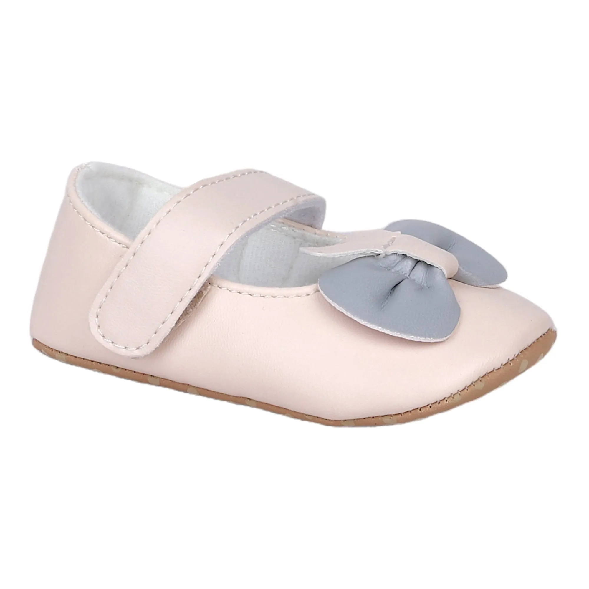 Baby Moo Vegan Leather Bow Velcro Strap Anti-Skid Ballerina Booties - Cream