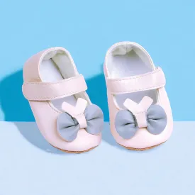 Baby Moo Vegan Leather Bow Velcro Strap Anti-Skid Ballerina Booties - Cream