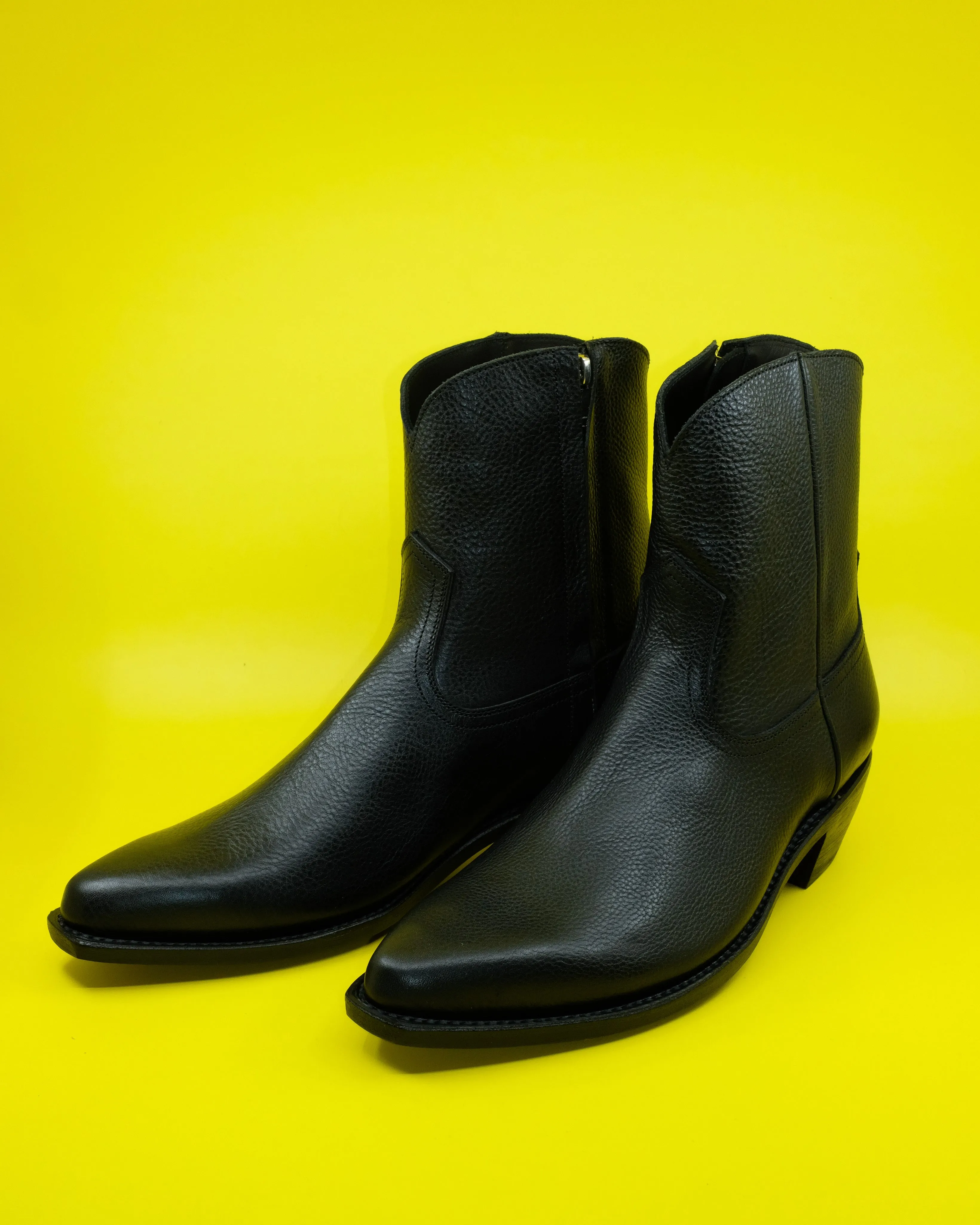 Black Cowhide Leather Western Side Zip Boots