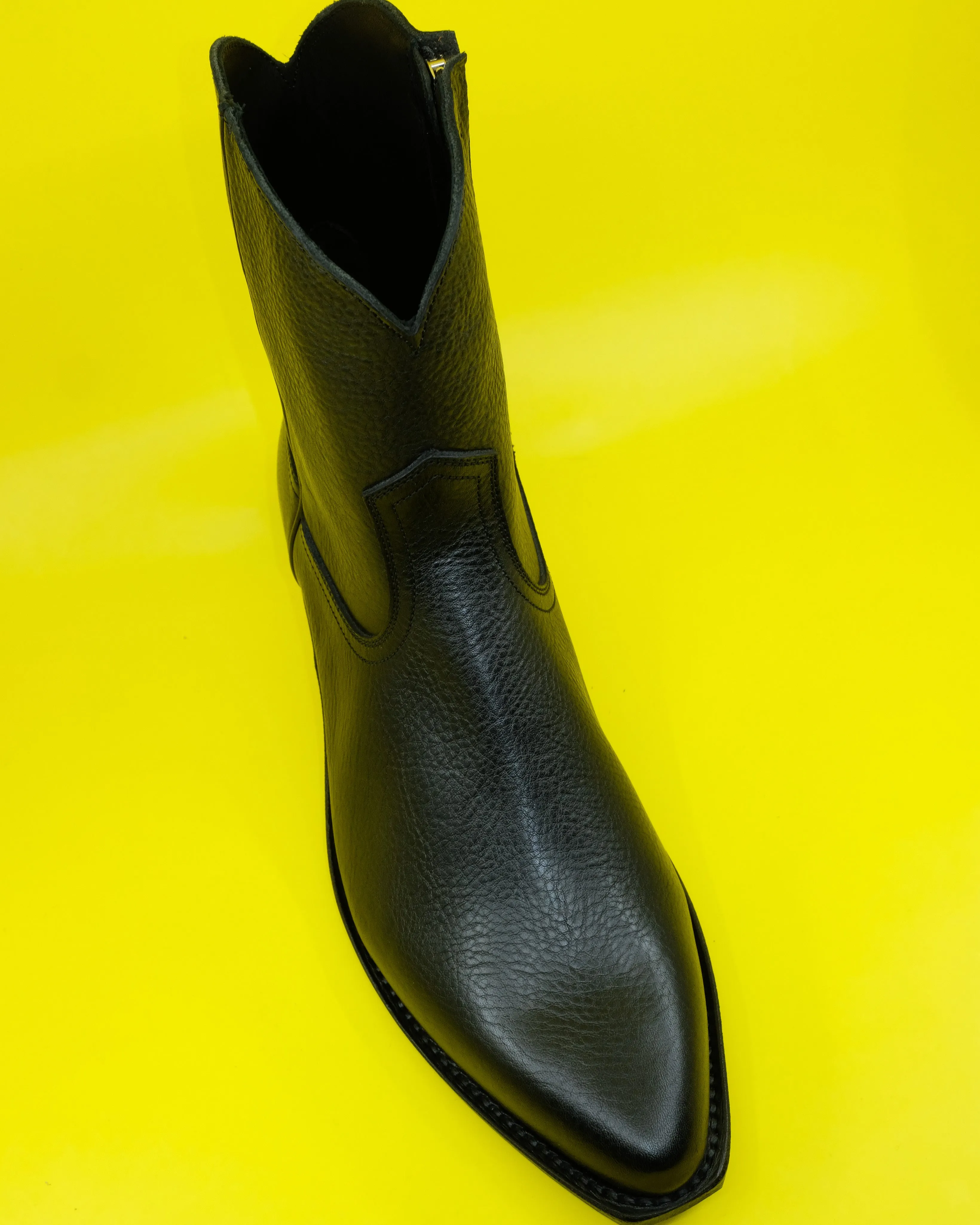 Black Cowhide Leather Western Side Zip Boots