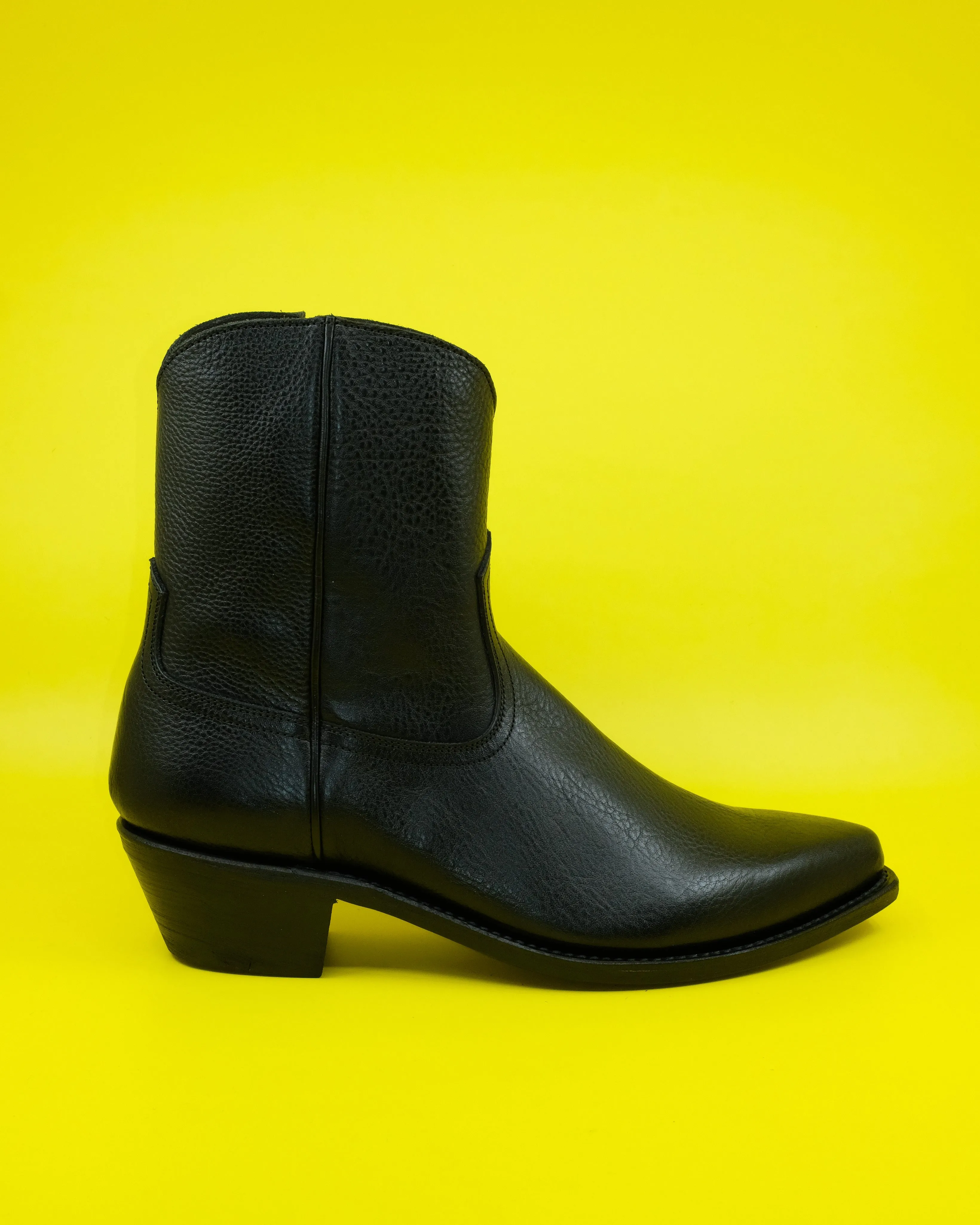 Black Cowhide Leather Western Side Zip Boots