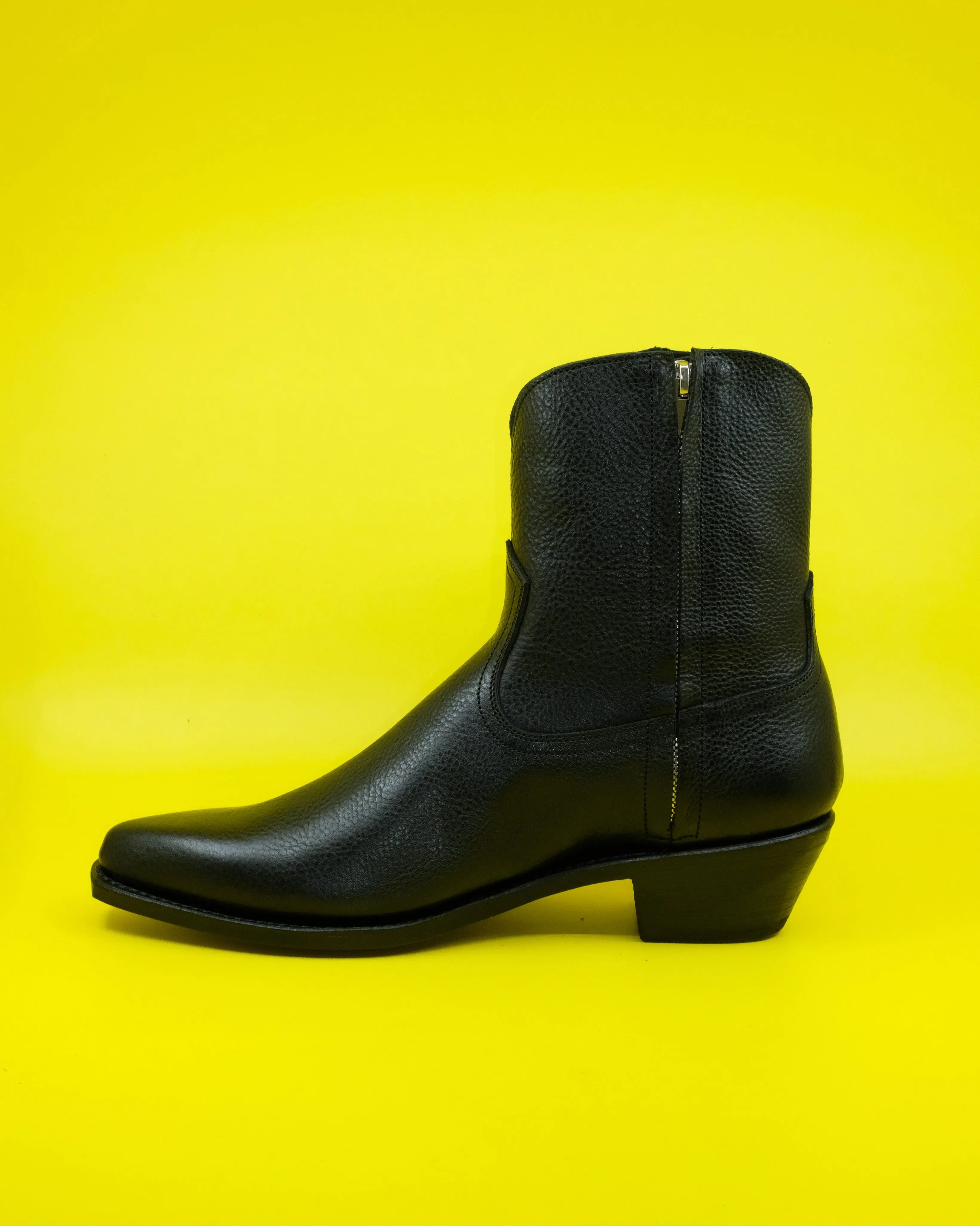 Black Cowhide Leather Western Side Zip Boots