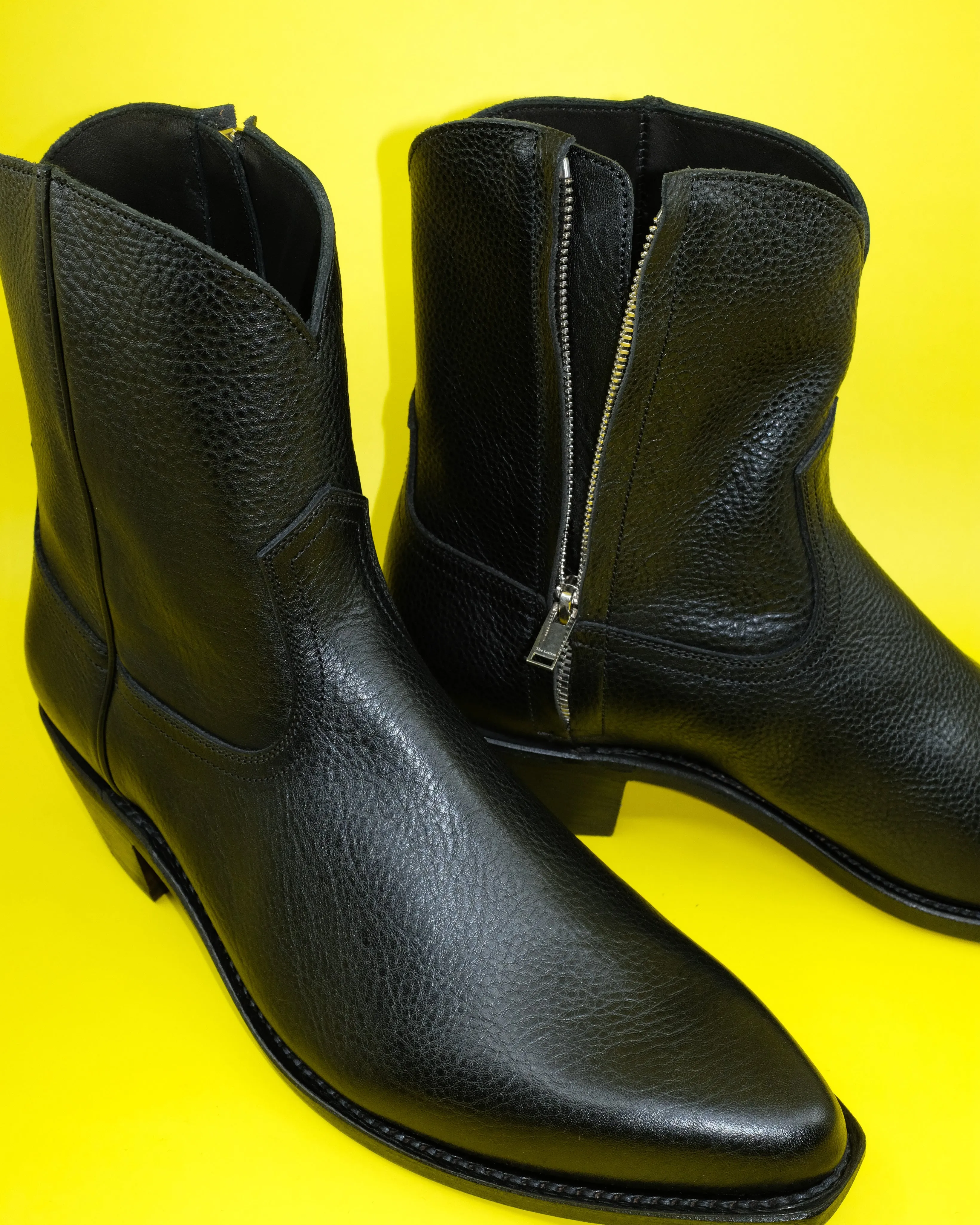 Black Cowhide Leather Western Side Zip Boots