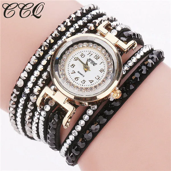 CCQ Brand Fashion Leather Bracelet Watch Women Luxury Full Crystal Quartz Wristwatch Relogio Feminino Clock C82