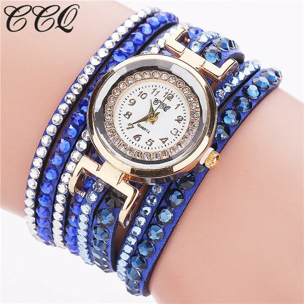 CCQ Brand Fashion Leather Bracelet Watch Women Luxury Full Crystal Quartz Wristwatch Relogio Feminino Clock C82