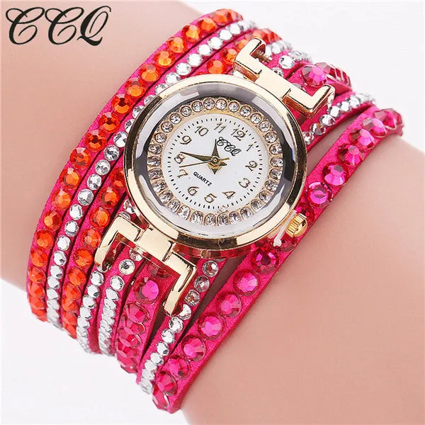 CCQ Brand Fashion Leather Bracelet Watch Women Luxury Full Crystal Quartz Wristwatch Relogio Feminino Clock C82