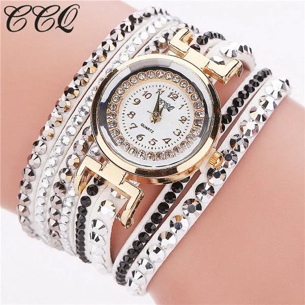 CCQ Brand Fashion Leather Bracelet Watch Women Luxury Full Crystal Quartz Wristwatch Relogio Feminino Clock C82