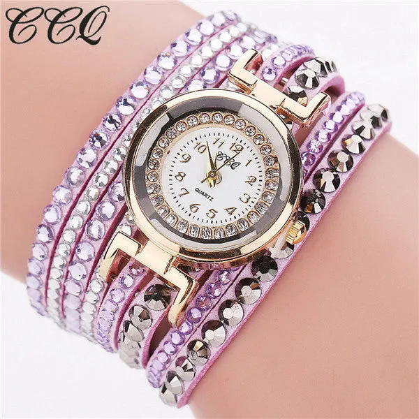 CCQ Brand Fashion Leather Bracelet Watch Women Luxury Full Crystal Quartz Wristwatch Relogio Feminino Clock C82
