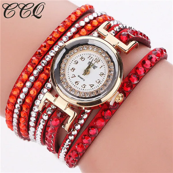 CCQ Brand Fashion Leather Bracelet Watch Women Luxury Full Crystal Quartz Wristwatch Relogio Feminino Clock C82