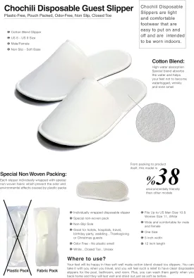 Chochili 5 Pairs Fabric Packed Disposable Hotel Slippers for Airbnb Spa Salon Party Wedding Guests - Fits up to Adult US Men Size 10 & Women Size 11, White