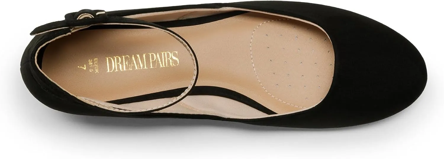 DREAM PAIRS Women's Dress Flats Ballet Low Wedge Round Toe Ankle Strap Comfortable Casual Flats Shoes
