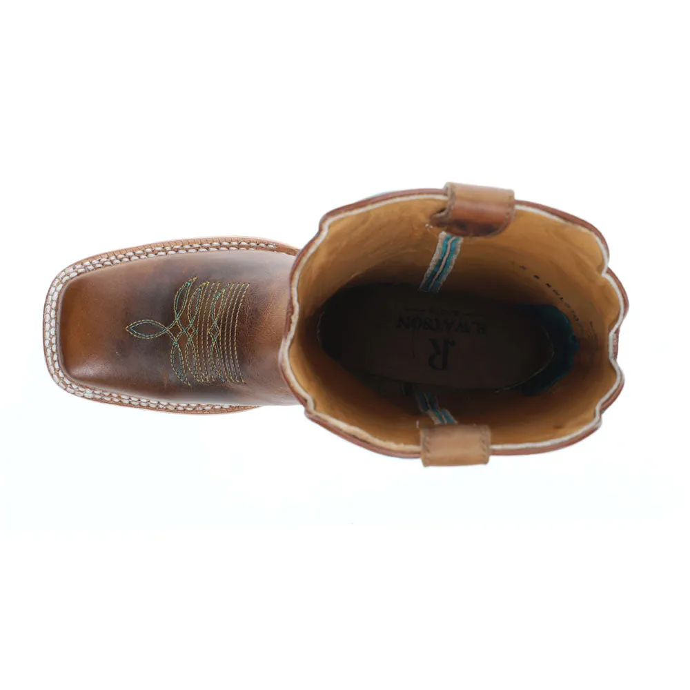 Honey Cowhide Embroidered Wide Square Toe Cowboy Boots