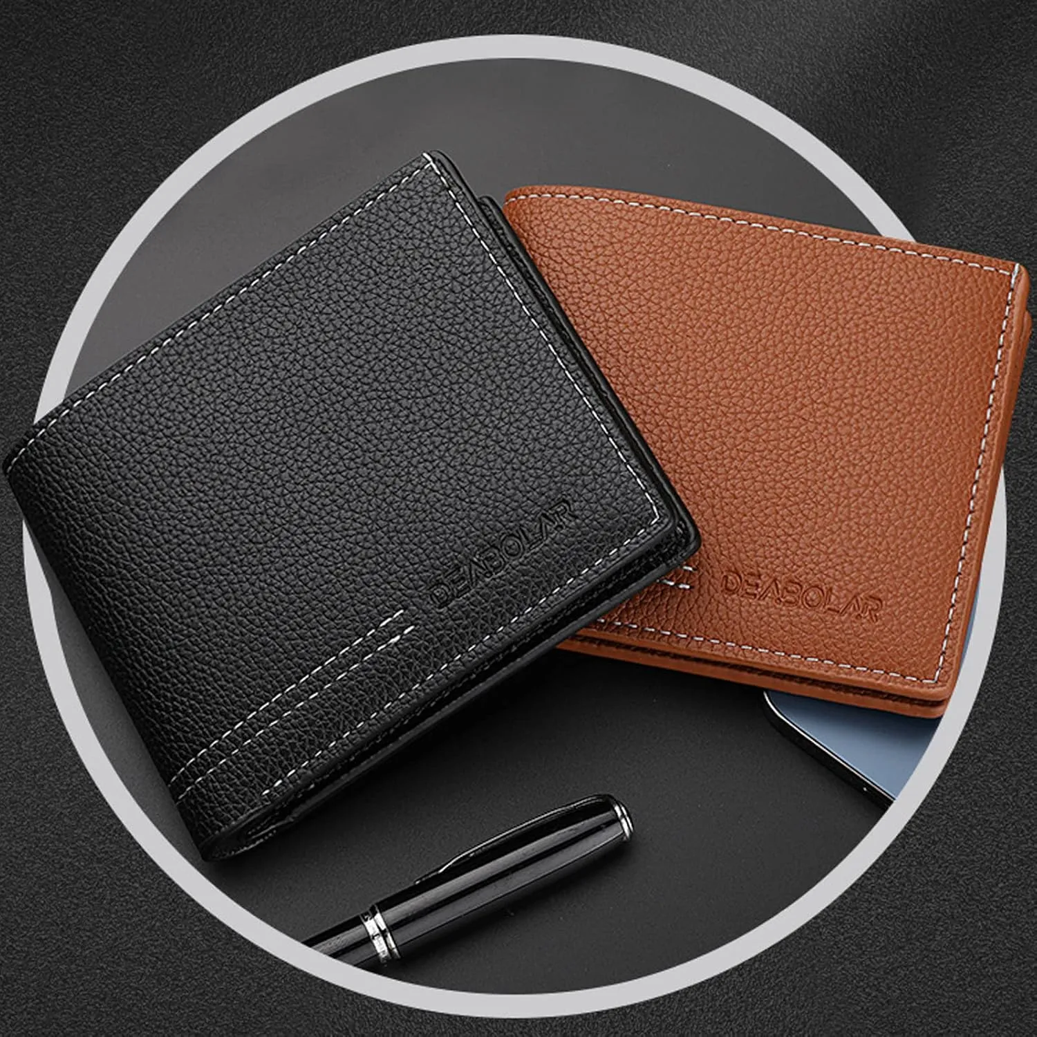 Men Wallet Black PU Material 4 Card Holder 2 Money Pockets 3 Clear Window Suitable for Gifts without RFID Slim Small for Traveling