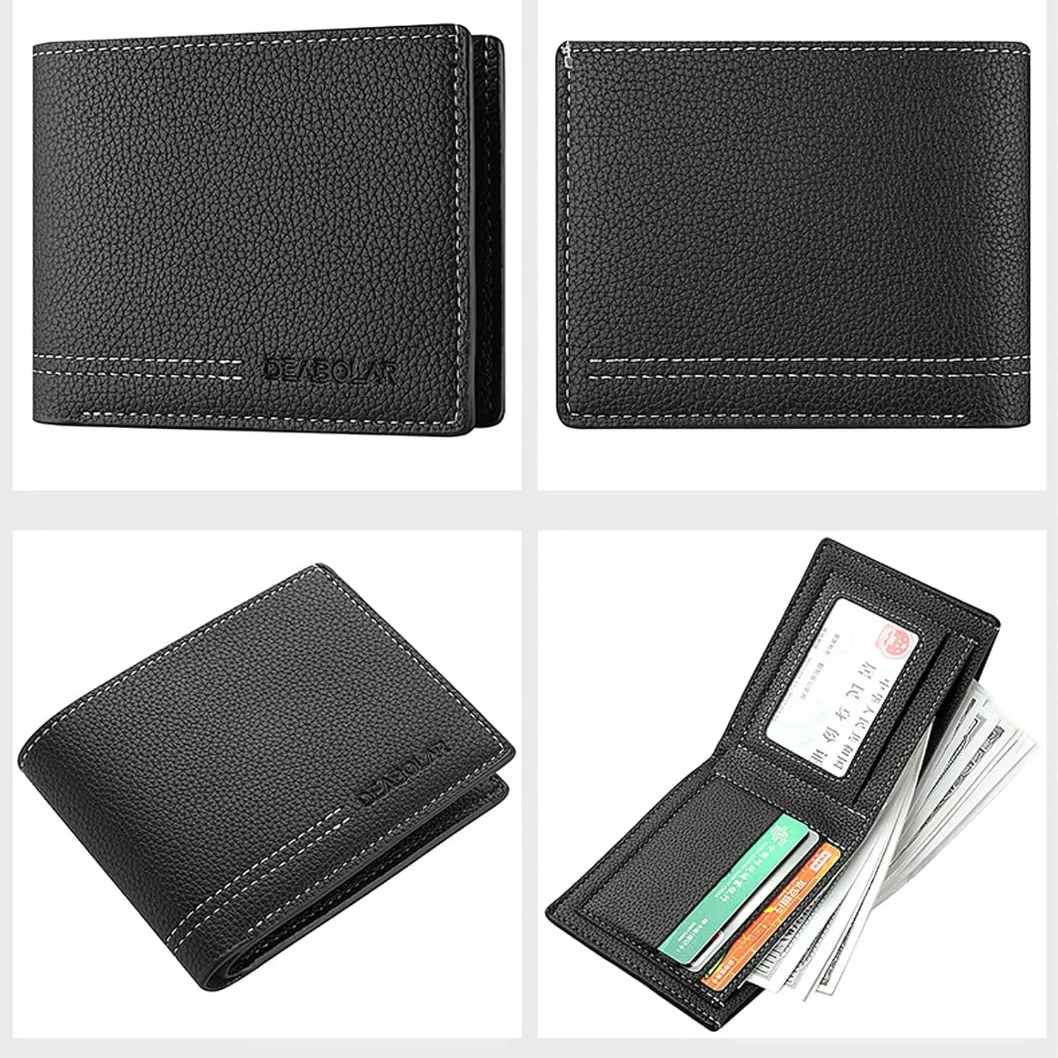 Men Wallet Black PU Material 4 Card Holder 2 Money Pockets 3 Clear Window Suitable for Gifts without RFID Slim Small for Traveling