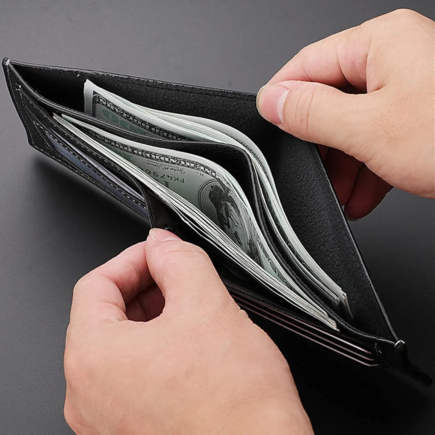 Men Wallet Black PU Material 4 Card Holder 2 Money Pockets 3 Clear Window Suitable for Gifts without RFID Slim Small for Traveling