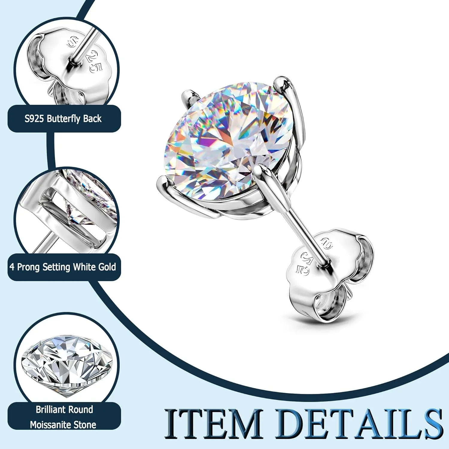 Moissanite Stud Earrings : 18K White Gold Plated Solid 925 Sterling Silver Earring Hypoallergenic Dainty Flat Back Stud Earrings Jewelry for Women Men D Color VVS1 Clarity