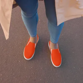Orange Women's Slip Ons, Solid Colorful Orange Color Modern Minimalist Women’s Slip-On Canvas Shoes (US Size: 5-12)