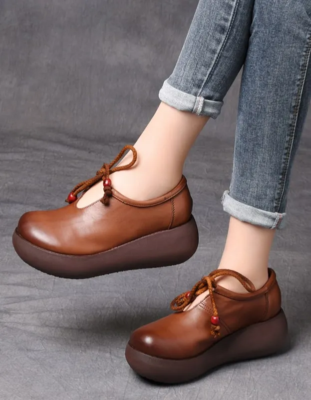 Spring Waterproof Lace Up Platform Shoes Brown
