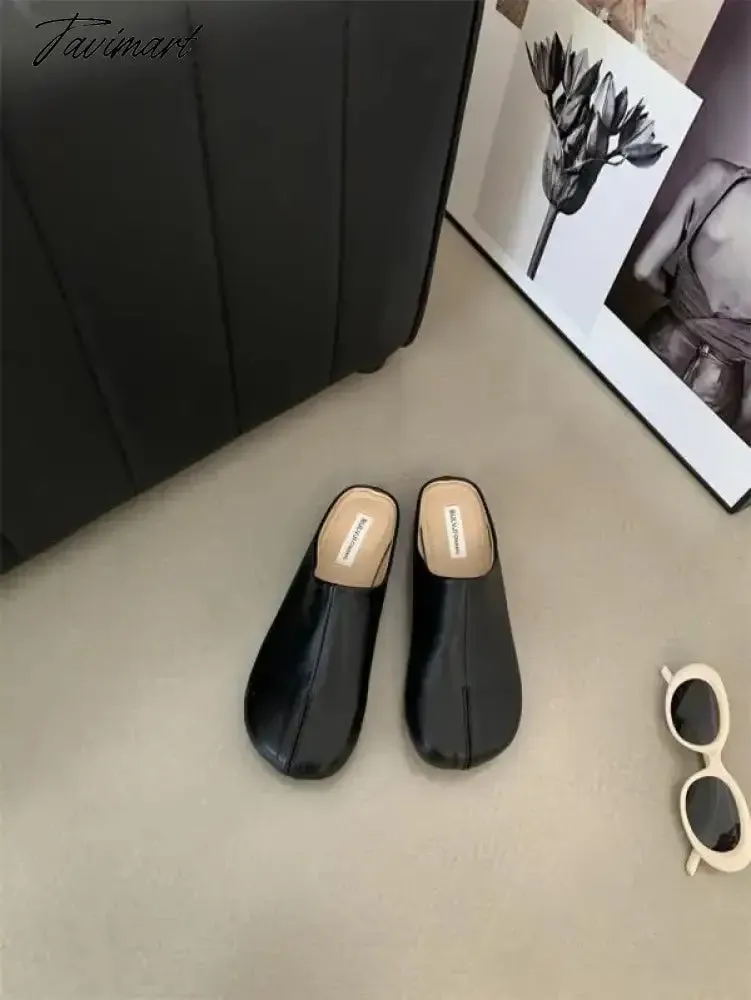 TAVIMART  -  Shoes Beige Heeled Sandals Slippers Flat Shallow Slides Low Black Rubber Soft Fabric PU Rome Round Toe Casual Basic Hoof