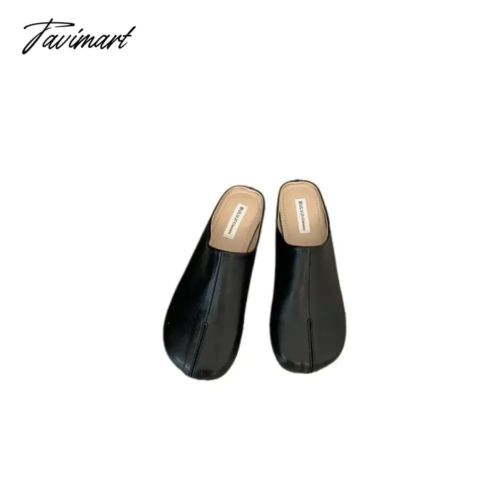 TAVIMART  -  Shoes Beige Heeled Sandals Slippers Flat Shallow Slides Low Black Rubber Soft Fabric PU Rome Round Toe Casual Basic Hoof