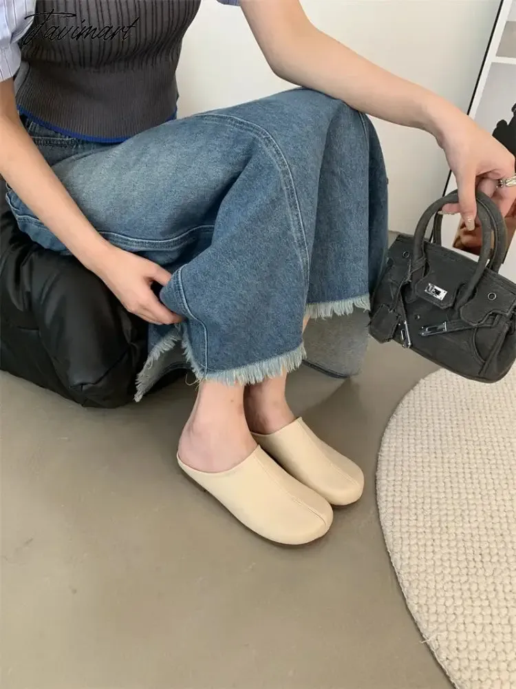 TAVIMART  -  Shoes Beige Heeled Sandals Slippers Flat Shallow Slides Low Black Rubber Soft Fabric PU Rome Round Toe Casual Basic Hoof