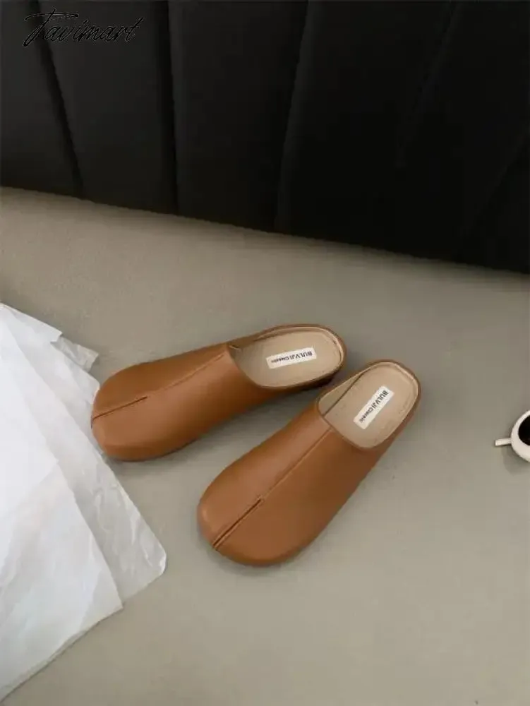 TAVIMART  -  Shoes Beige Heeled Sandals Slippers Flat Shallow Slides Low Black Rubber Soft Fabric PU Rome Round Toe Casual Basic Hoof