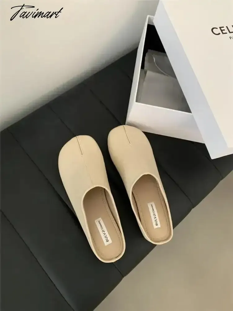 TAVIMART  -  Shoes Beige Heeled Sandals Slippers Flat Shallow Slides Low Black Rubber Soft Fabric PU Rome Round Toe Casual Basic Hoof