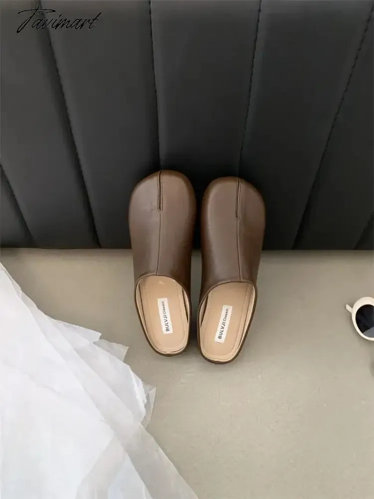 TAVIMART  -  Shoes Beige Heeled Sandals Slippers Flat Shallow Slides Low Black Rubber Soft Fabric PU Rome Round Toe Casual Basic Hoof