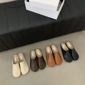 TAVIMART  -  Shoes Beige Heeled Sandals Slippers Flat Shallow Slides Low Black Rubber Soft Fabric PU Rome Round Toe Casual Basic Hoof
