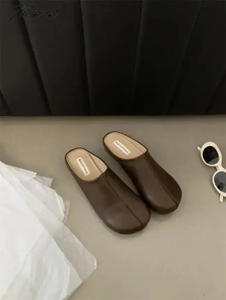 TAVIMART  -  Shoes Beige Heeled Sandals Slippers Flat Shallow Slides Low Black Rubber Soft Fabric PU Rome Round Toe Casual Basic Hoof