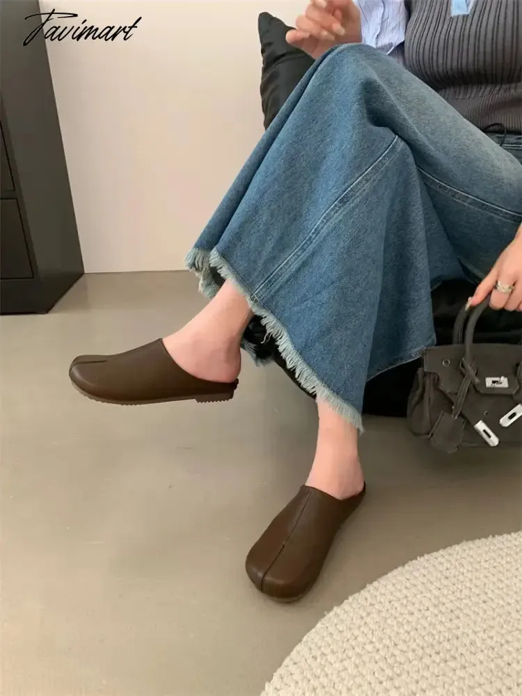 TAVIMART  -  Shoes Beige Heeled Sandals Slippers Flat Shallow Slides Low Black Rubber Soft Fabric PU Rome Round Toe Casual Basic Hoof