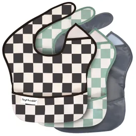 Tiny Twinkle Mess-Proof Baby Bib - Waterproof Bib for Baby Boy or Girl - Machine Washable - Adjustable Closure - PVC, BPA, & Phthalate Free - Great for Travel - Baby Food Bibs (3 Pack, Checkers Boy)