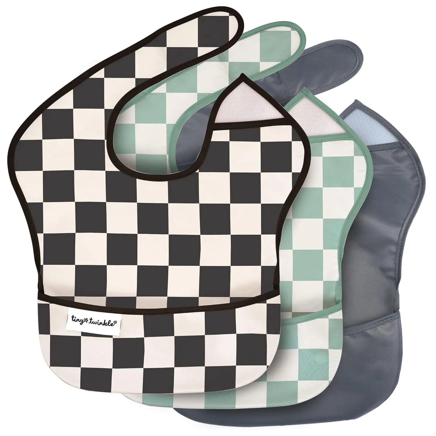 Tiny Twinkle Mess-Proof Baby Bib - Waterproof Bib for Baby Boy or Girl - Machine Washable - Adjustable Closure - PVC, BPA, & Phthalate Free - Great for Travel - Baby Food Bibs (3 Pack, Checkers Boy)