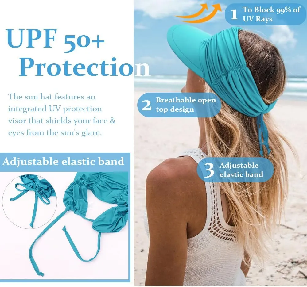 Women Visor Sun Hat Adjustable Foldable Wide Brim Sun Hats Summer UPF 50  UV Protection Visor Cap for Outdoor Beach
